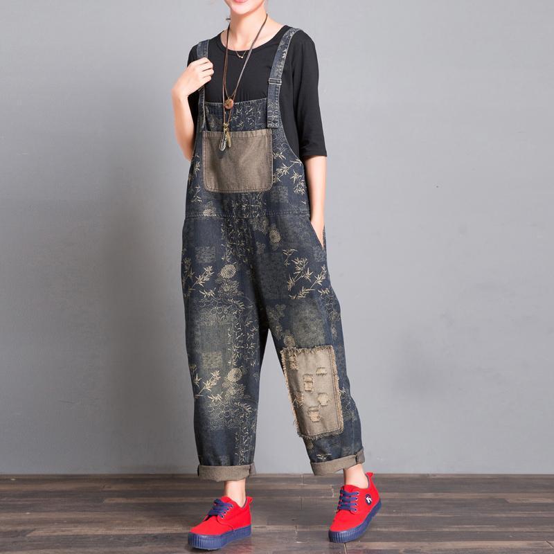 Loose Retro Floral Patch Denim Jumpsuit
