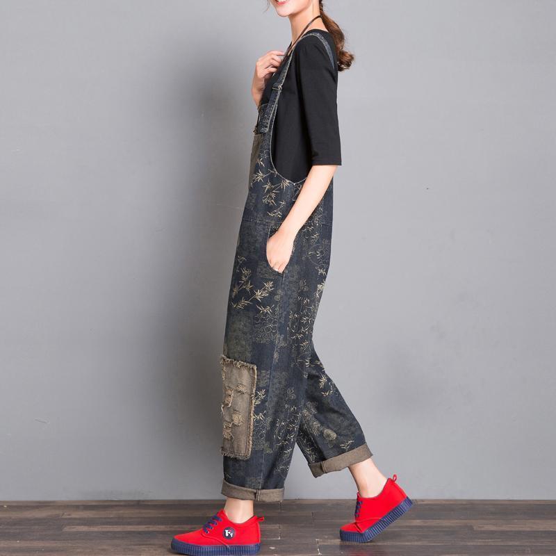 Loose Retro Floral Patch Denim Jumpsuit