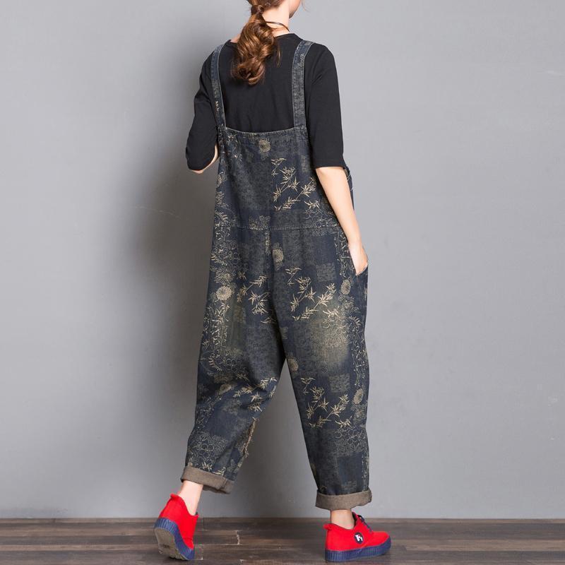 Loose Retro Floral Patch Denim Jumpsuit