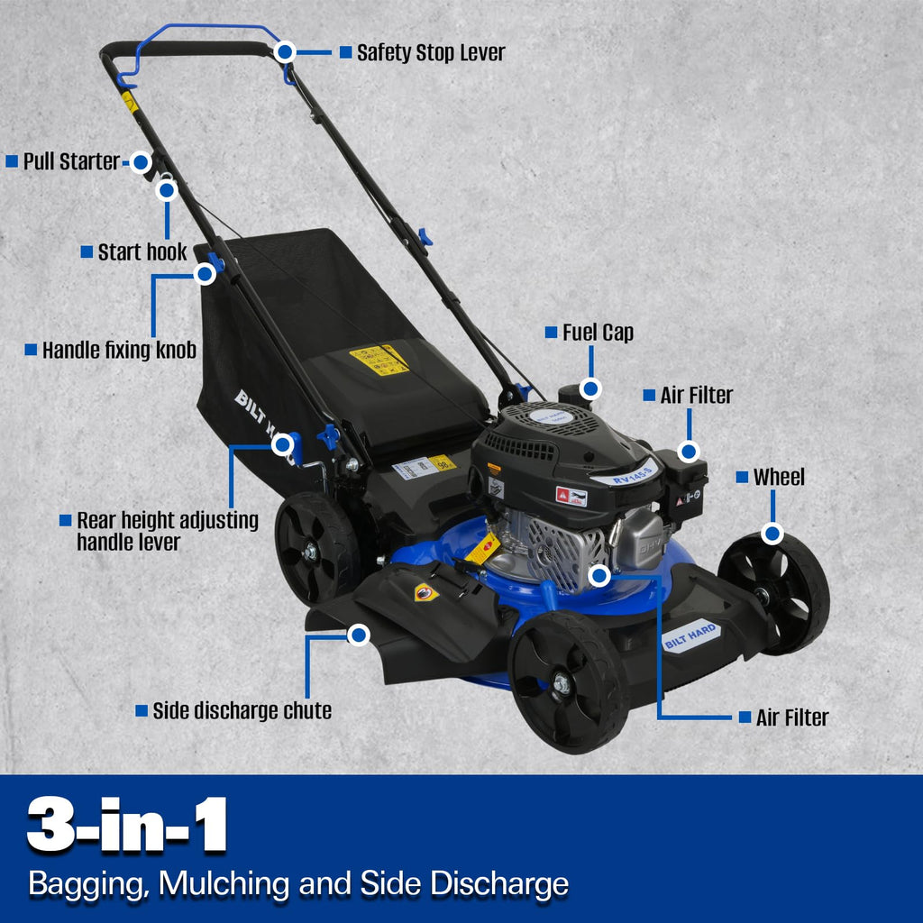 21 Inch Lawn Mower Gas Powered, 4-Cycle 144cc Engine, 3-in-1 Push Lawnmower with Bagging, Mulching &amp; Side Discharge, Adjustable 8-Positions Cutting Height, Easy Start