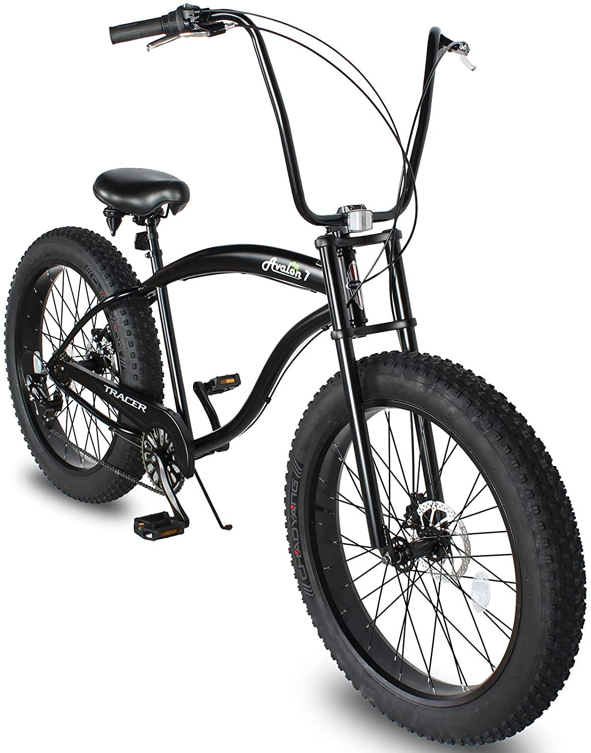 Tracer Avalon 26 Inch Beach Cruiser Bike for Men,Steel Frame,1/7 Speed,Hi-Rise Handlebar,Three Piece Cranksets, Fat Alloy Rim 80mm,26x4.0 Fat Tire Bike,Mens Bike,Complete Cruiser Bikes
