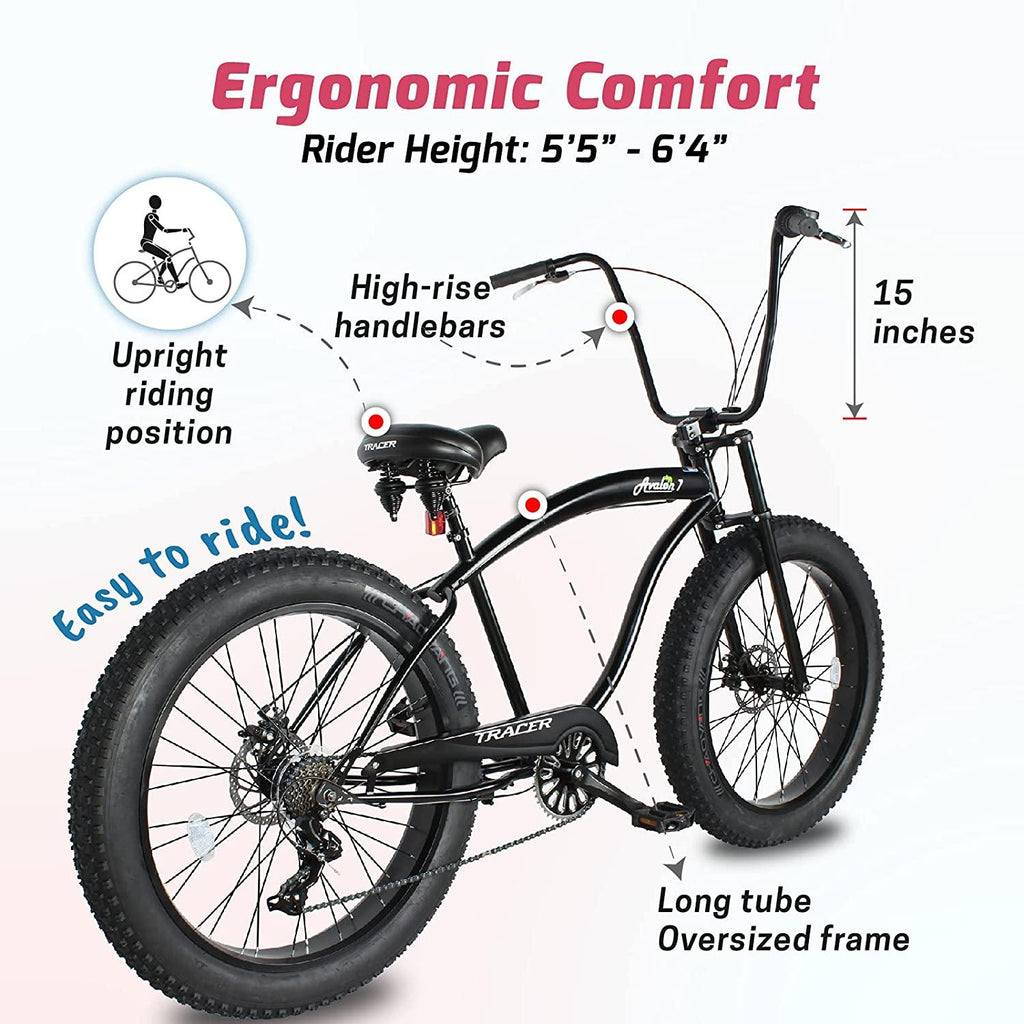 Tracer Avalon 26 Inch Beach Cruiser Bike for Men,Steel Frame,1/7 Speed,Hi-Rise Handlebar,Three Piece Cranksets, Fat Alloy Rim 80mm,26x4.0 Fat Tire Bike,Mens Bike,Complete Cruiser Bikes