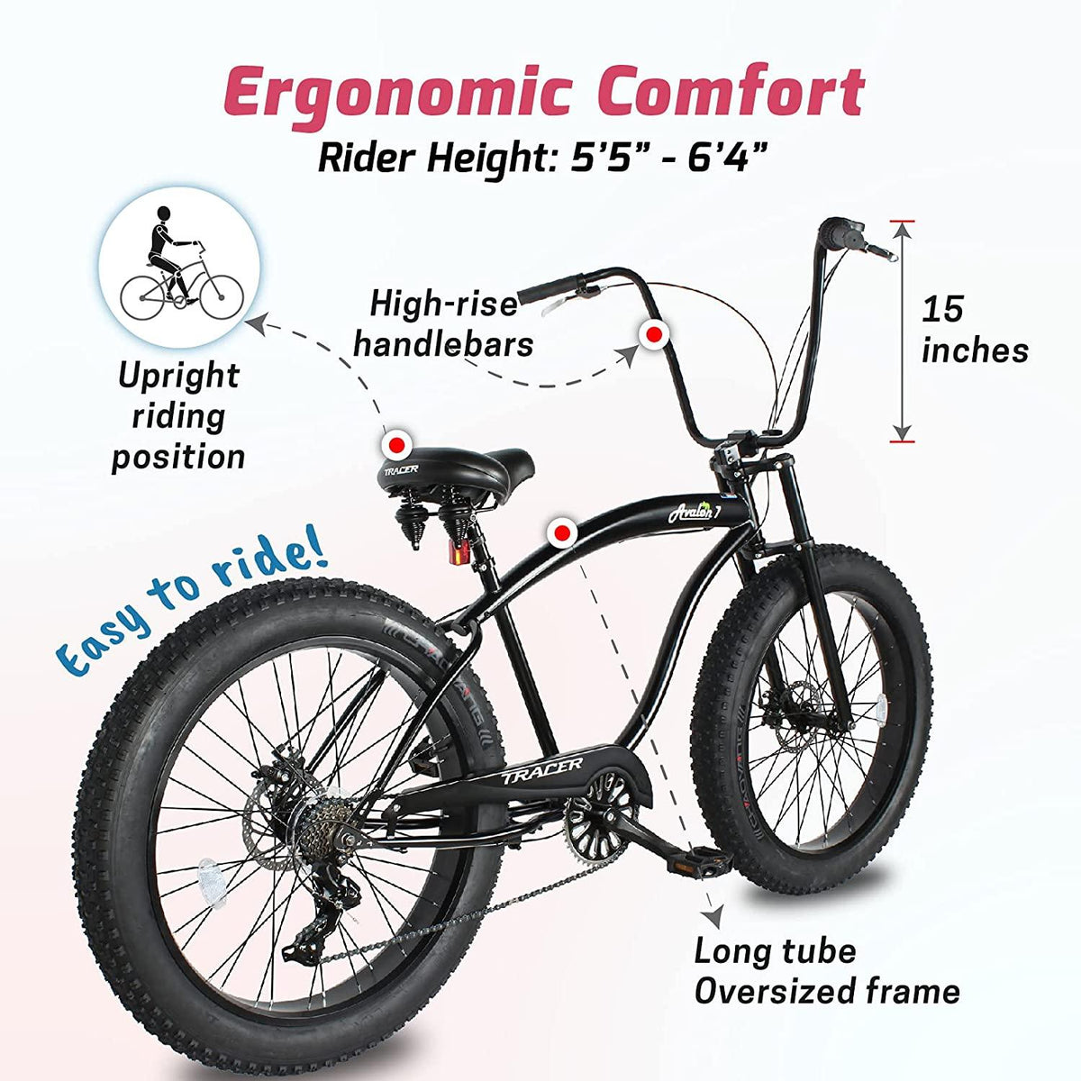Tracer Avalon 26 Inch Beach Cruiser Bike for Men,Steel Frame,1/7 Speed,Hi-Rise Handlebar,Three Piece Cranksets, Fat Alloy Rim 80mm,26x4.0 Fat Tire Bike,Mens Bike,Complete Cruiser Bikes