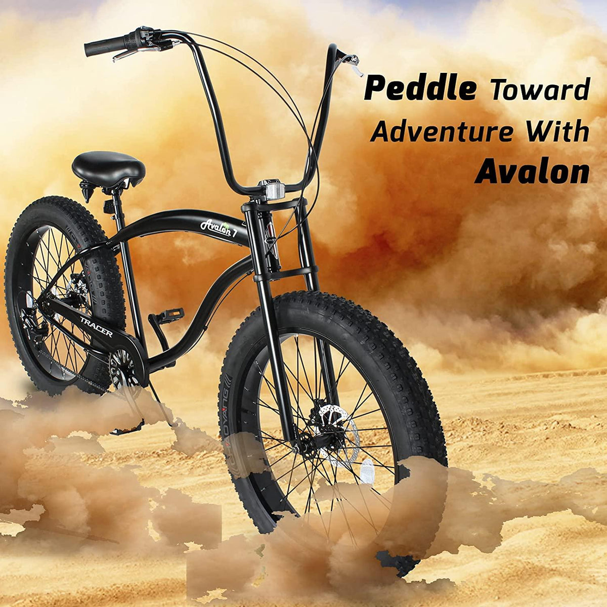 Tracer Avalon 26 Inch Beach Cruiser Bike for Men,Steel Frame,1/7 Speed,Hi-Rise Handlebar,Three Piece Cranksets, Fat Alloy Rim 80mm,26x4.0 Fat Tire Bike,Mens Bike,Complete Cruiser Bikes