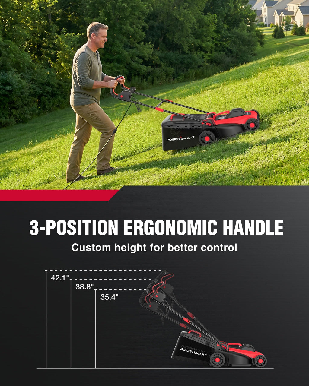 14" Corded Lawn Mower - 12.5 Amp, 6 Heights, 10 Gal Grass Bag | Lightweight 28.2 lb; Vertical Storage; 3-Position Ergo Handle; 1"-3" Single-Lever Cut; 2-in-1 Mulch &amp; Bag