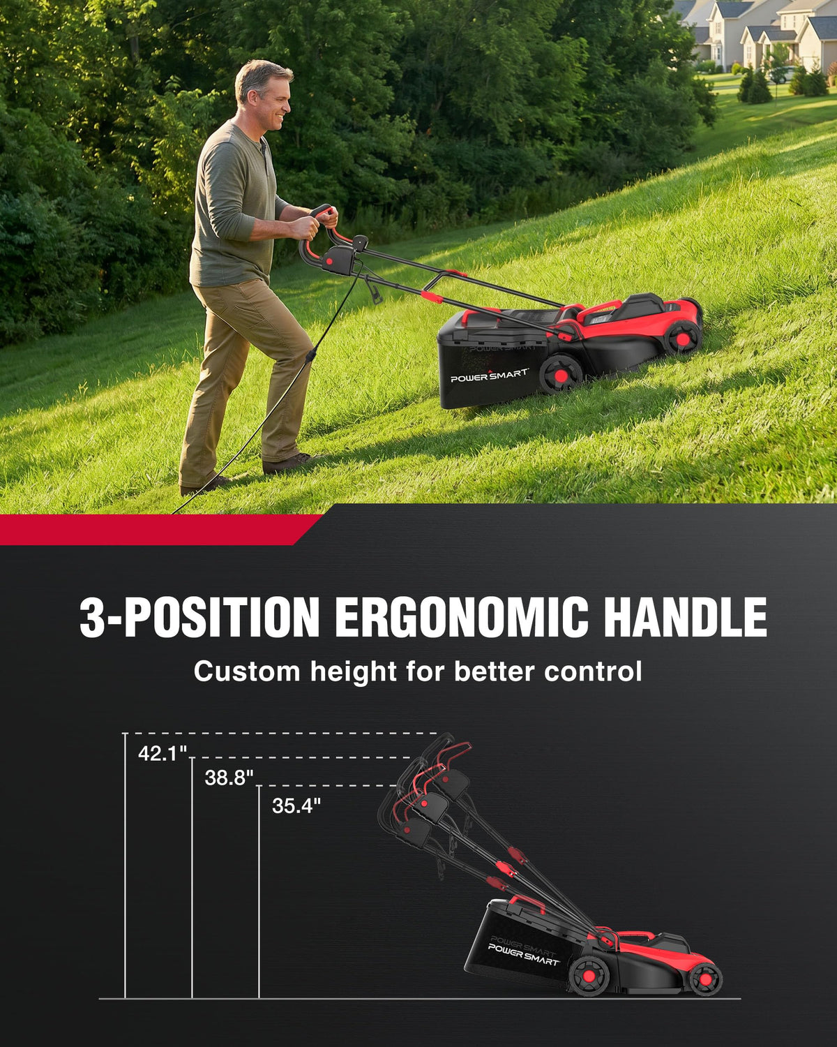 14" Corded Lawn Mower - 12.5 Amp, 6 Heights, 10 Gal Grass Bag | Lightweight 28.2 lb; Vertical Storage; 3-Position Ergo Handle; 1"-3" Single-Lever Cut; 2-in-1 Mulch &amp; Bag