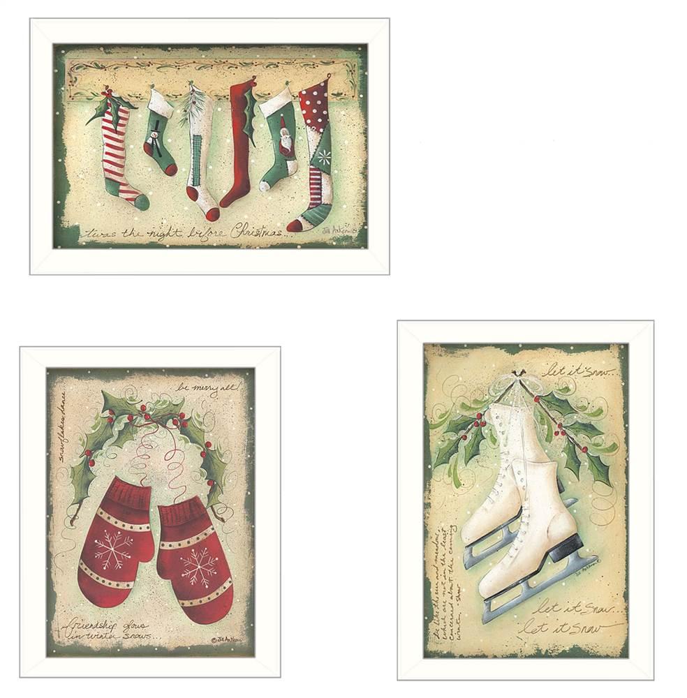 3-Pc " Christmas" White Framed Printed Wall Art
