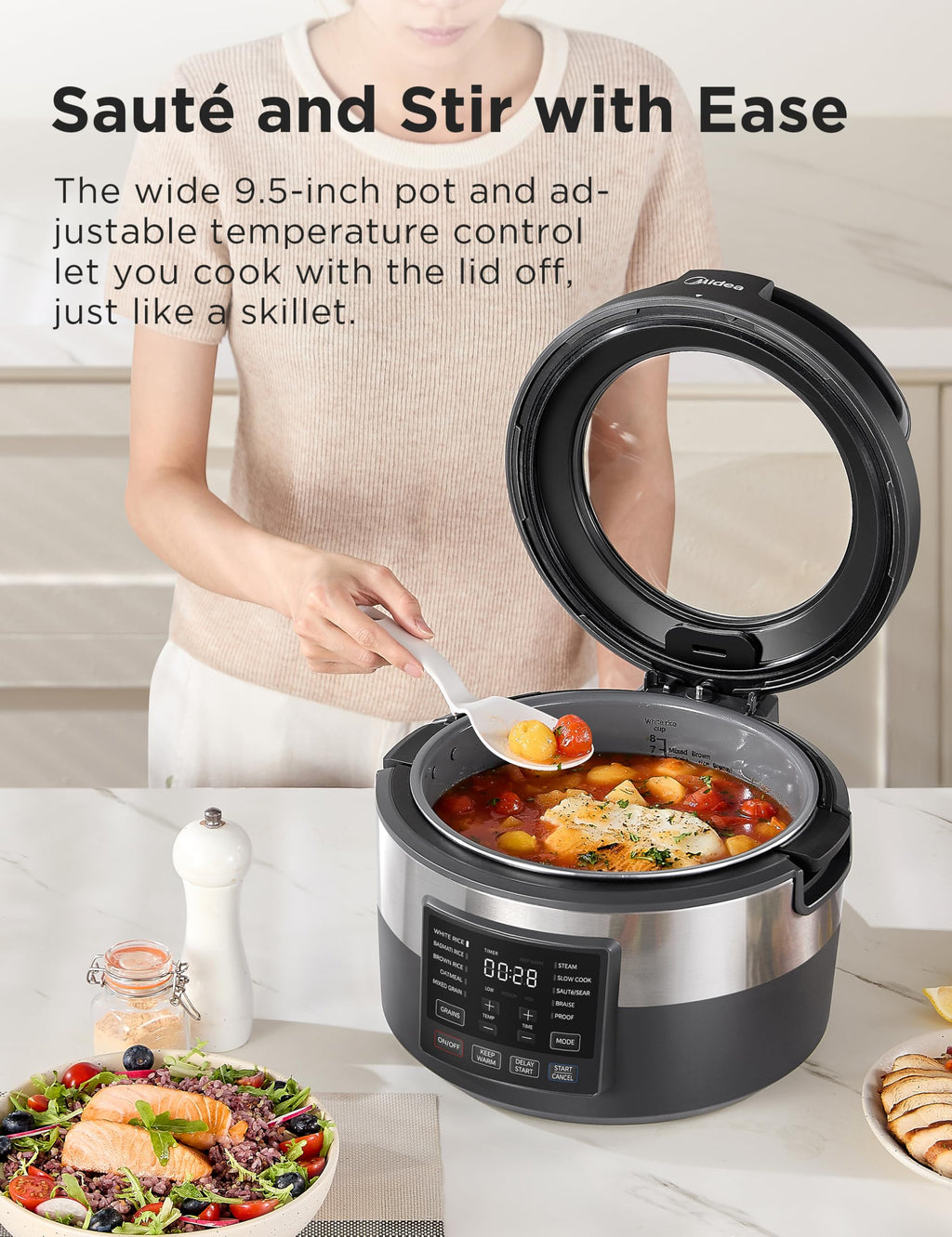 Rice Cooker for 8-Cups Uncooked Rice with 10 Multifunction CooPrograms Including Sauteing, Steaming, and Simmering, Features a Non-Stick Inner Pot with Handles and Glass Lid
