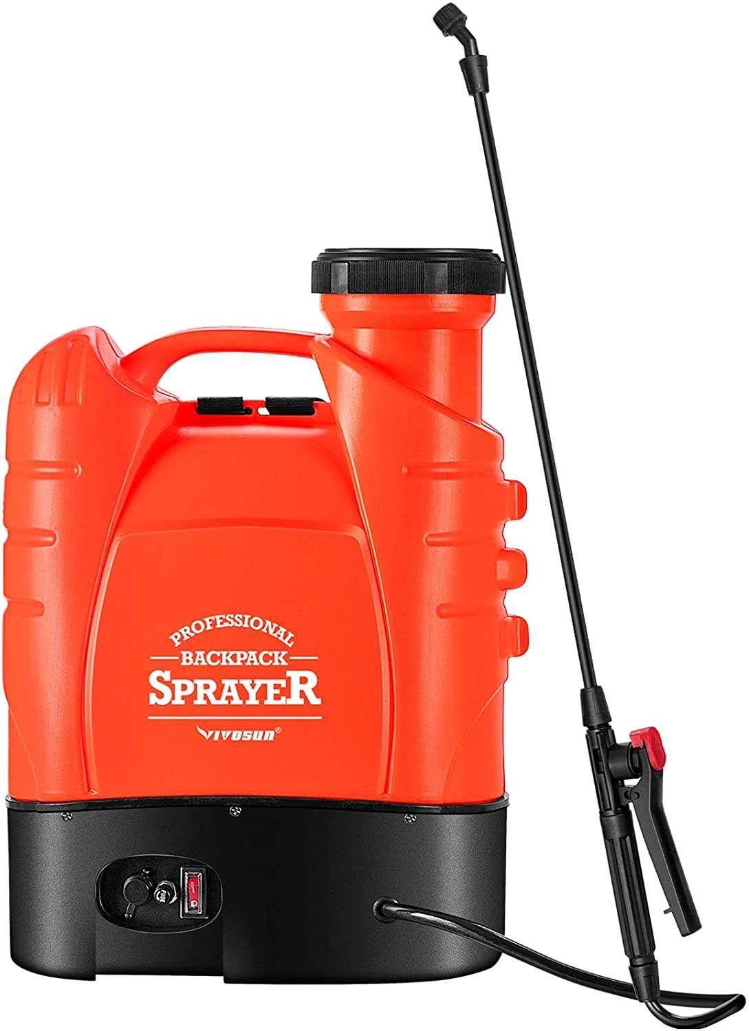 vivosun 4 gallon battery powered backpack sprayer electric pump sprayer with four nozzles for garden lawn, orange