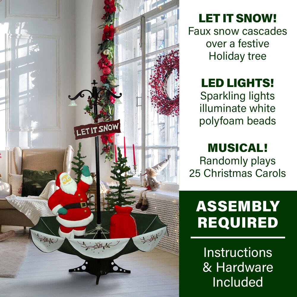 Fraser Hill Farm Let It Snow Series 47-In. Red Santa with Green Umbrella Base, Animated Musical Snow Decoration