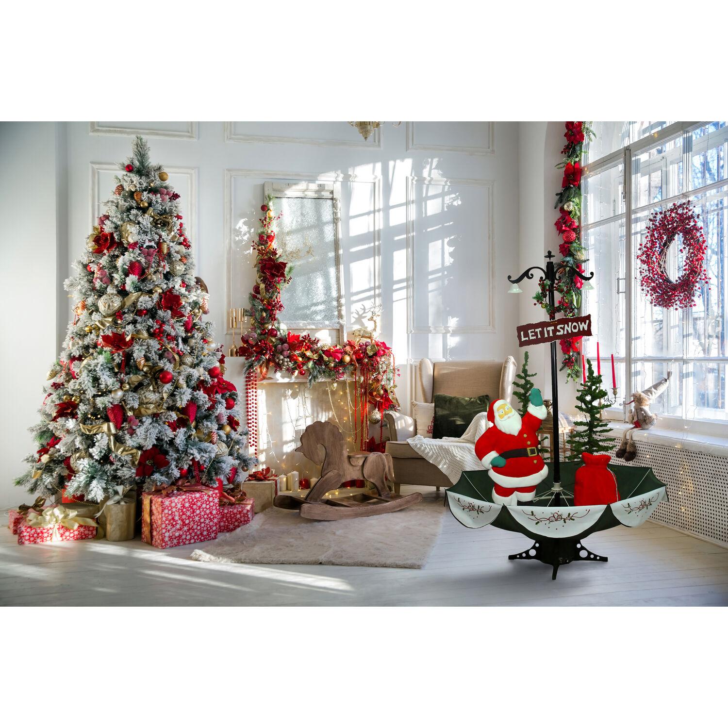 Fraser Hill Farm Let It Snow Series 47-In. Red Santa with Green Umbrella Base, Animated Musical Snow Decoration