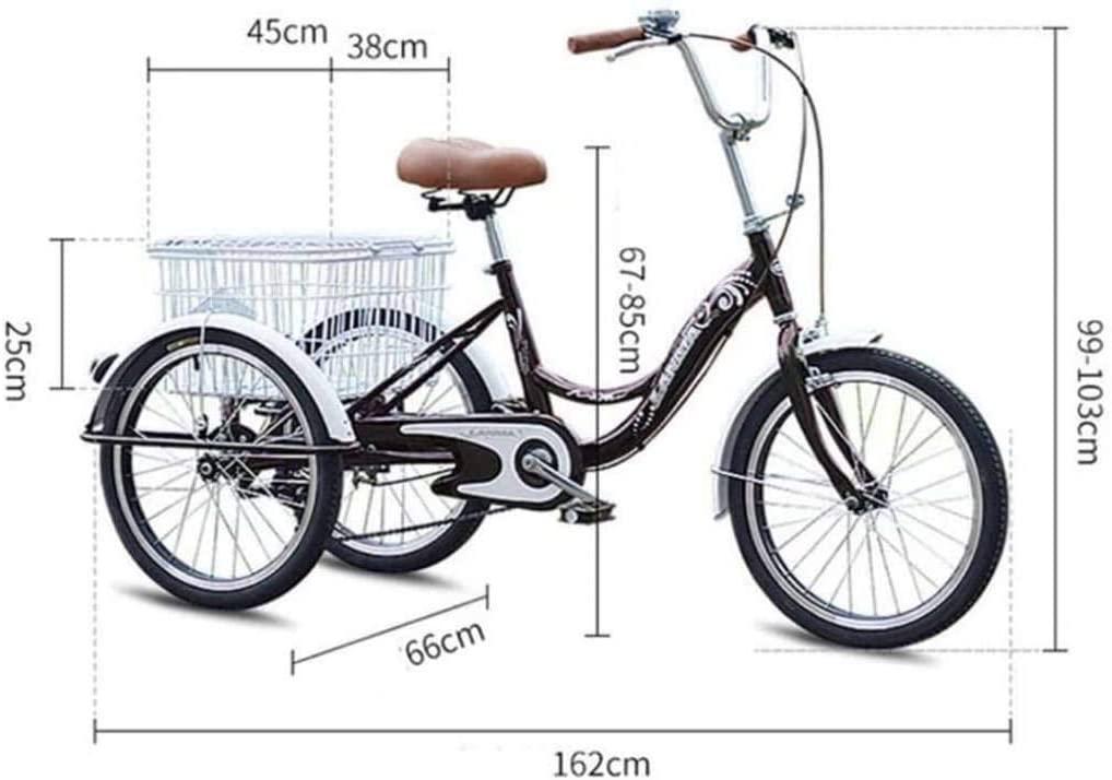 HKPLDE 20inch Adult Tricycles Single Speed Bicycle 20inches 3 Wheel Fender Trike Bike Cycling Pedal with Shopping Basket Front Basket