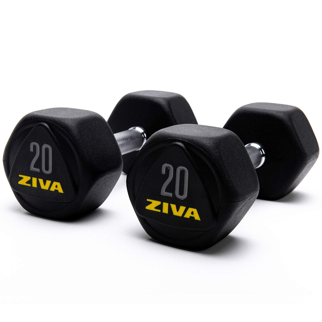ZIVA Performance Hex Dumbbells Weight Set, Solid Steel Core, Premium Urethane Rubber Encasing, Corrosion Resistant - Pair of Two Dumbbells, 20 Lbs.
