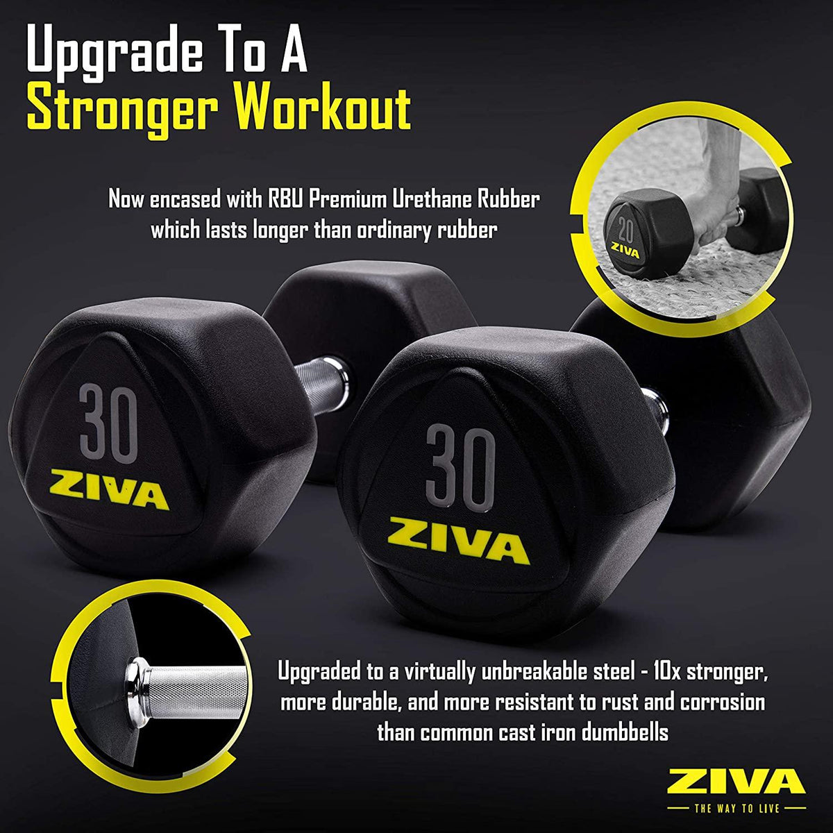 ZIVA Performance Hex Dumbbells Weight Set, Solid Steel Core, Premium Urethane Rubber Encasing, Corrosion Resistant - Pair of Two Dumbbells, 20 Lbs.