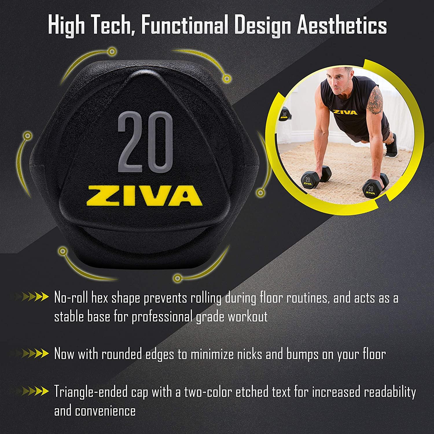ZIVA Performance Hex Dumbbells Weight Set, Solid Steel Core, Premium Urethane Rubber Encasing, Corrosion Resistant - Pair of Two Dumbbells, 20 Lbs.