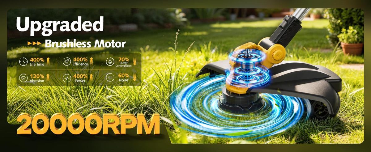 Brushless Electric Weed Wacker String Trimmer, 20V Cordless Weed Eater and Edger, 15" Cutting Width with 2 * 5.0Ah Battery Powered Brush Cutter, 4 in 1 Lawn Mower, Eco Friendly Grass Cutter