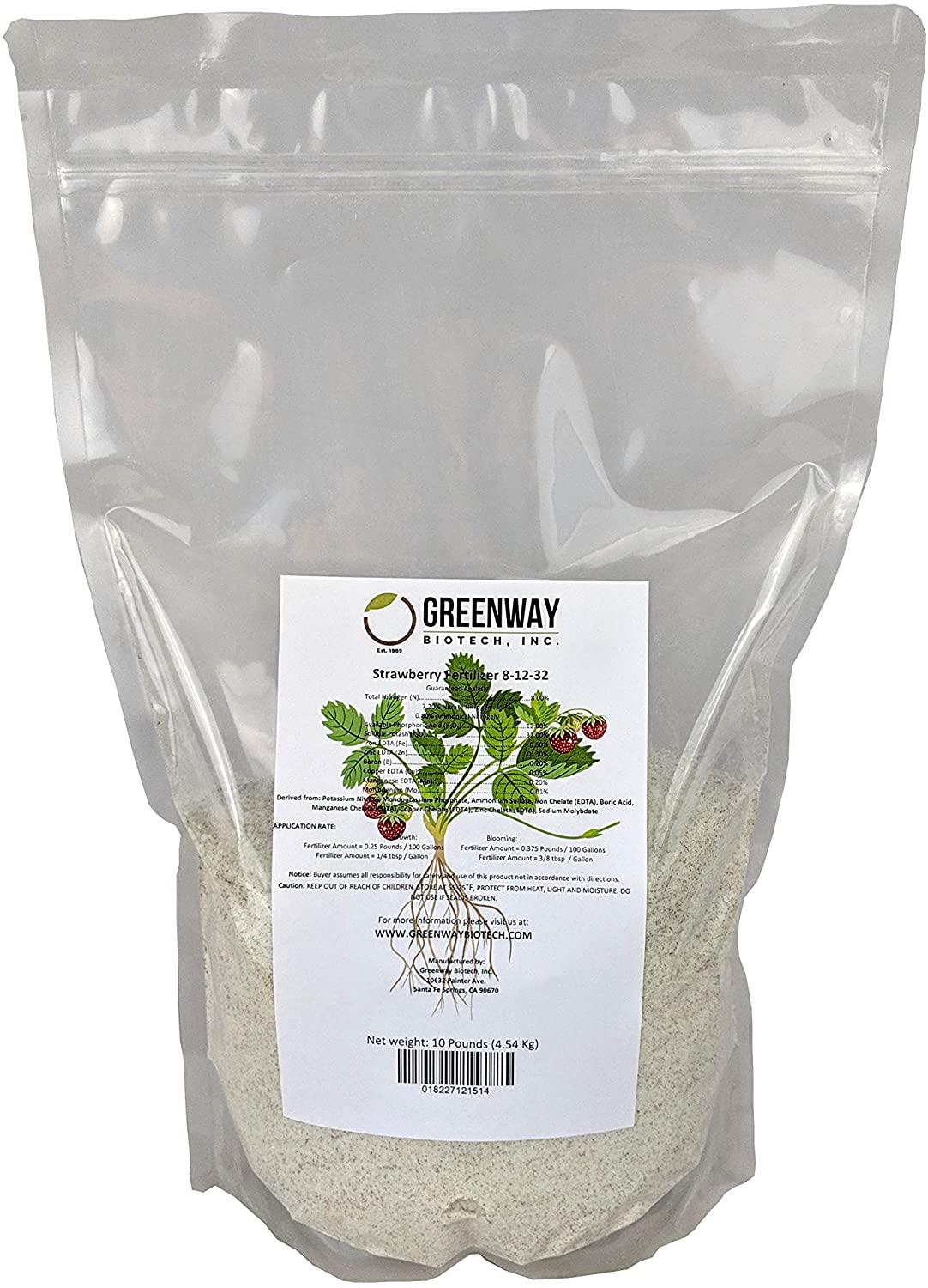 strawberry fertilizer 8-12-32 powder 100% water soluble plus micro nutrients and trace minerals greenway biotech brand 10 pounds (makes 2000 gallons)
