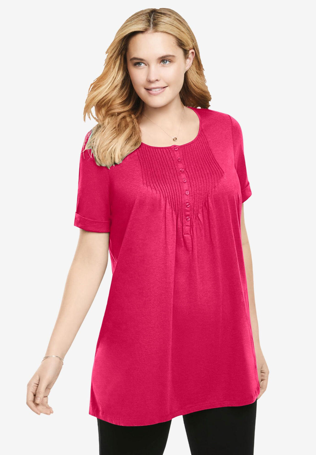 short-sleeve pintucked henley tunic