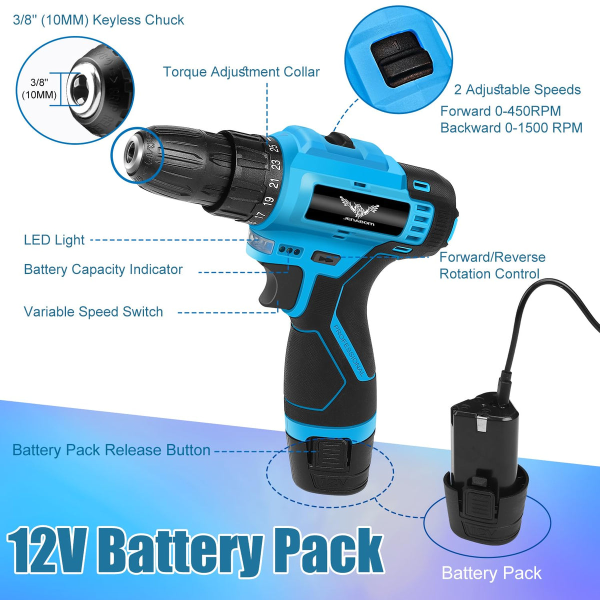 146-Piece Home Tool Set with 12V Blue Cordless Drill | With Portable Toolbox, Hand Tools for Home Repair, DIY Projects & Daily Use, Gift for Women & Men