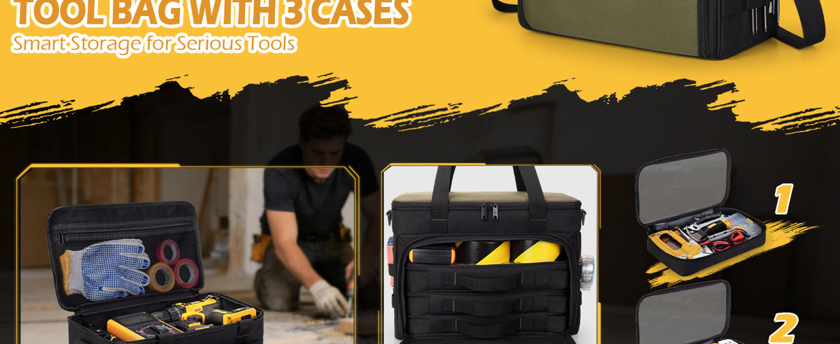2 Layers Tool Bag with 3 Clear Window Removable Cases, Heavy Duty Tool Tote with Molle Webbing and Detachable Shoulder Strap, Black/Green