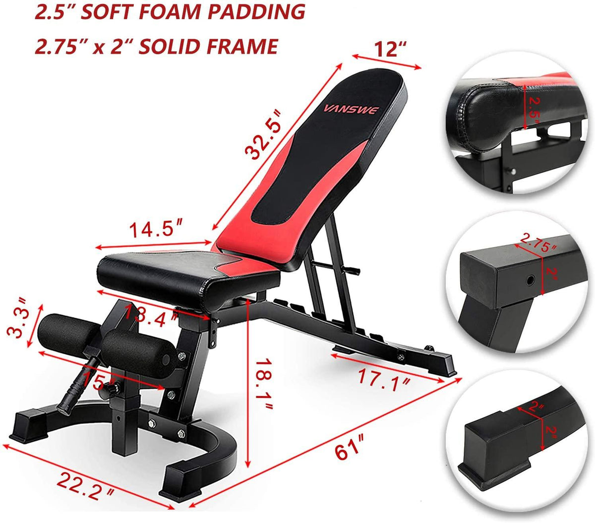 Vanswe Weight Bench Adjustable Workout Bench 800lbs Weight Capacity Flat Incline Decline Exercise Bench for Home Gym Strength Training Full Body Workout