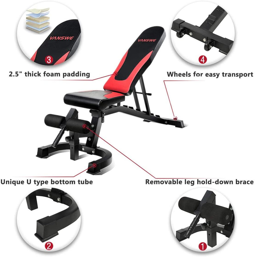 Vanswe Weight Bench Adjustable Workout Bench 800lbs Weight Capacity Flat Incline Decline Exercise Bench for Home Gym Strength Training Full Body Workout