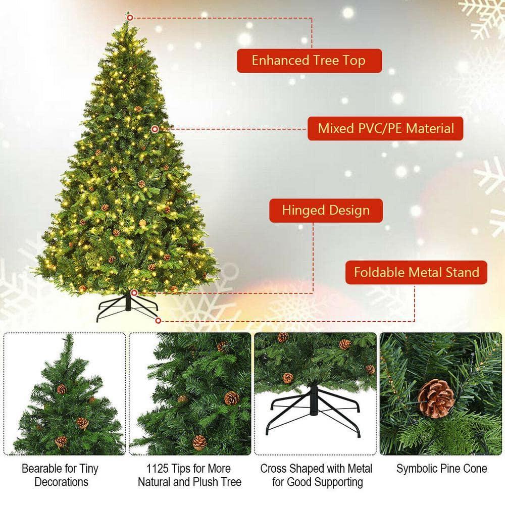 7.5 ft. Pre-Lit Artificial Christmas Tree Hinged with 540 LED Lights and Pine Cones