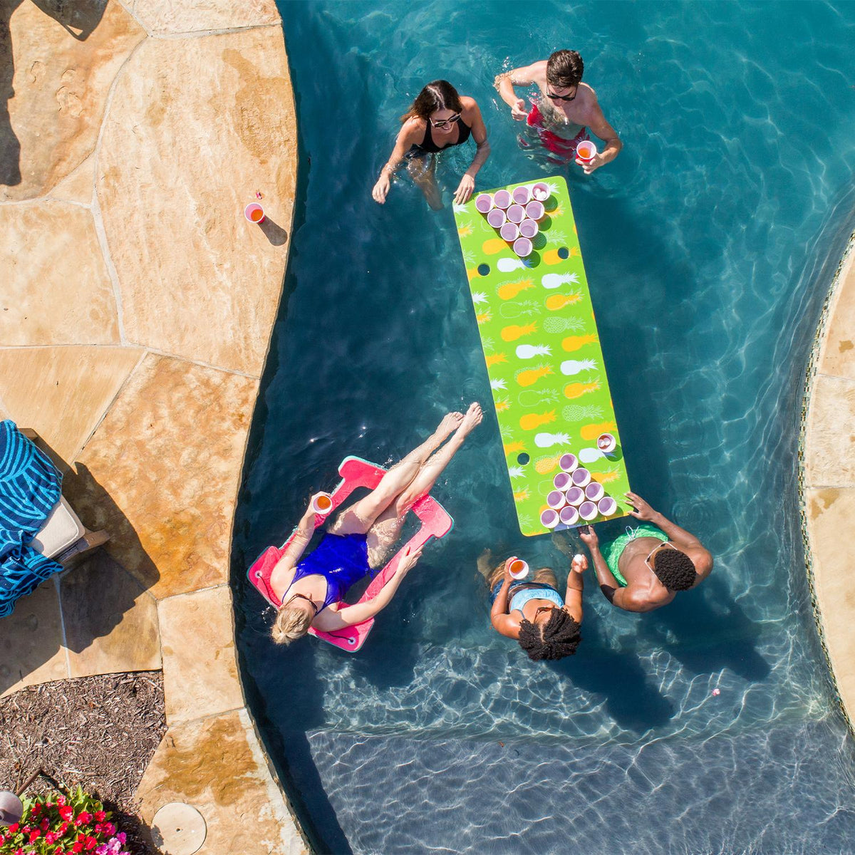 Floatation iQ HydraPong Floating Foam Swimming Pool Lounge Lake Party Game Board Beer Pong Table Mat with 4 Ping Pong Balls,