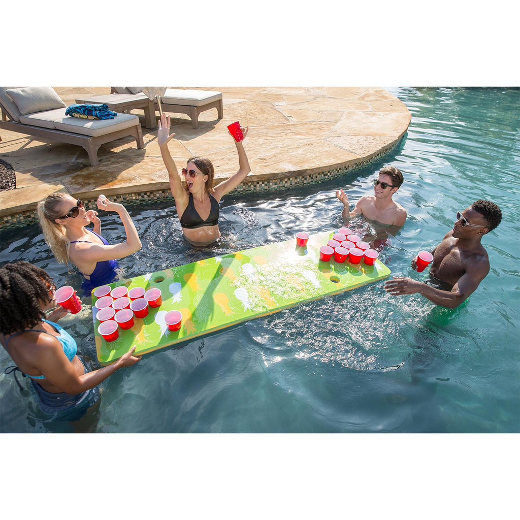 Floatation iQ HydraPong Floating Foam Swimming Pool Lounge Lake Party Game Board Beer Pong Table Mat with 4 Ping Pong Balls,