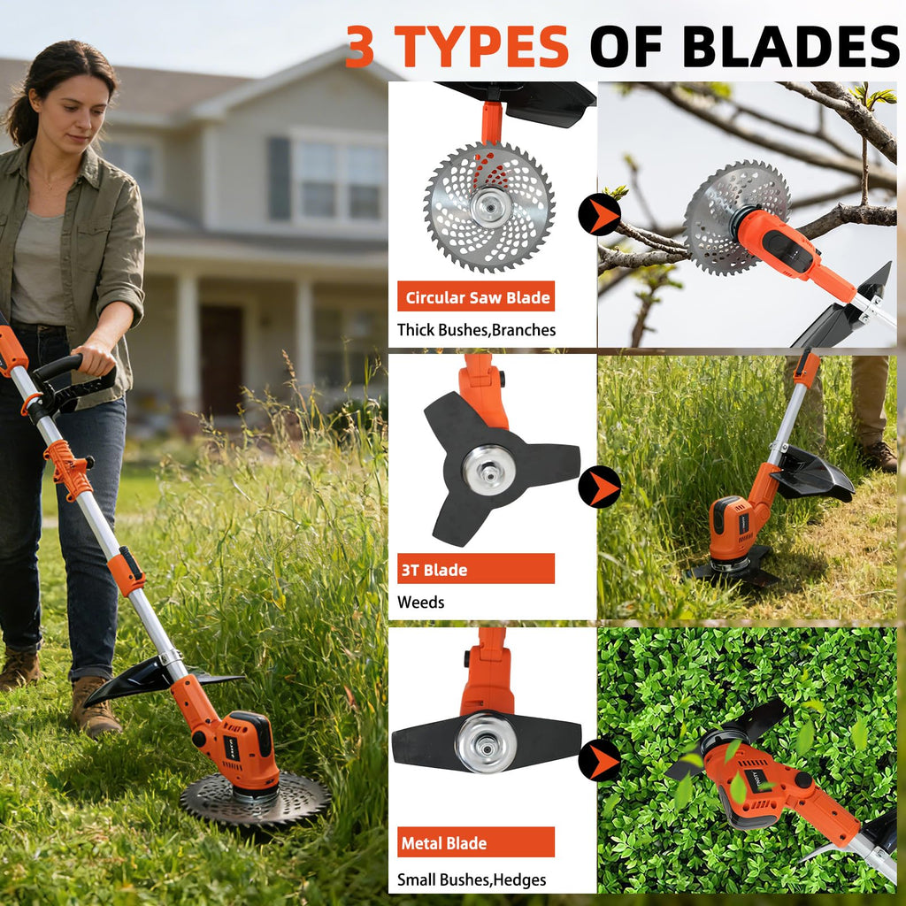 3-in-1 Electric Weed Wacker, Battery Powered Weed Eater with 2 x 4.0Ah Batteries, 900W Brushless Motor Grass Trimmer/Lawn Mower/Brush Cutter, with LCD Display &amp; 3 Types Blades for Yard and Garden