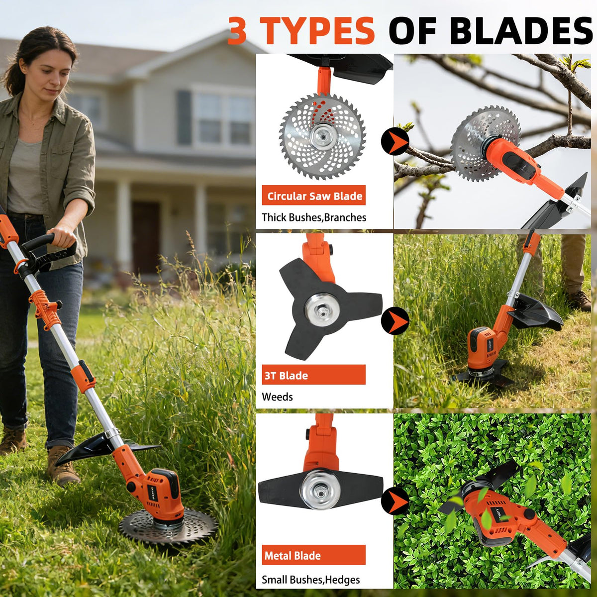 3-in-1 Electric Weed Wacker, Battery Powered Weed Eater with 2 x 4.0Ah Batteries, 900W Brushless Motor Grass Trimmer/Lawn Mower/Brush Cutter, with LCD Display &amp; 3 Types Blades for Yard and Garden