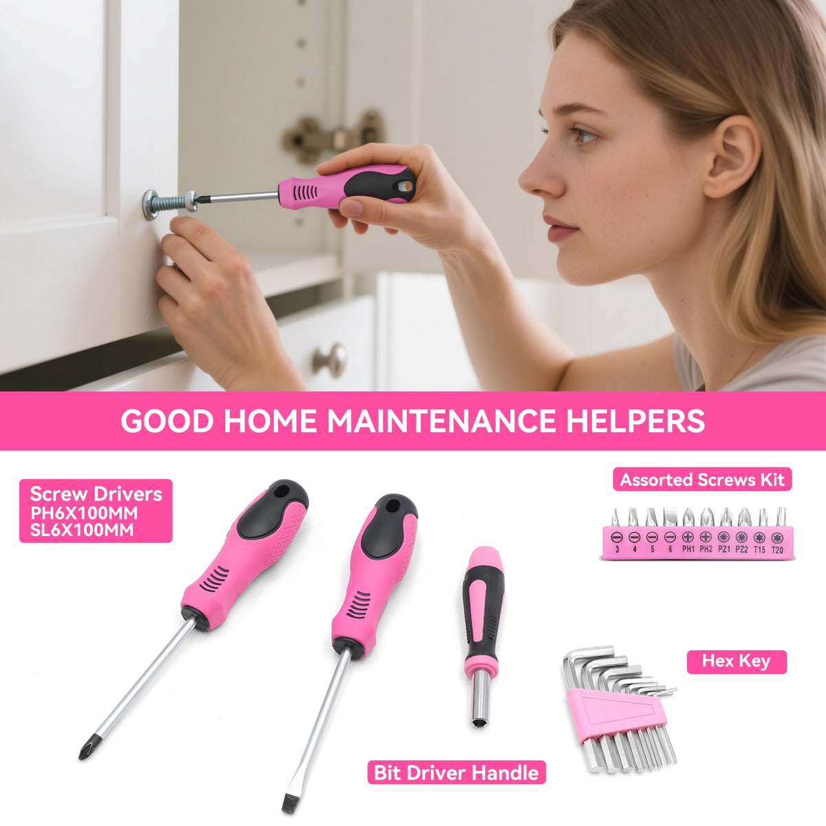 Pink Tool Kit 69 Piece Tool Kit for Women Small Basic Hand Tool Box Home Tool Set Perfect for Ladies and Girls with General Home Repairs, DIY Project,Office and ColleDormitory Use