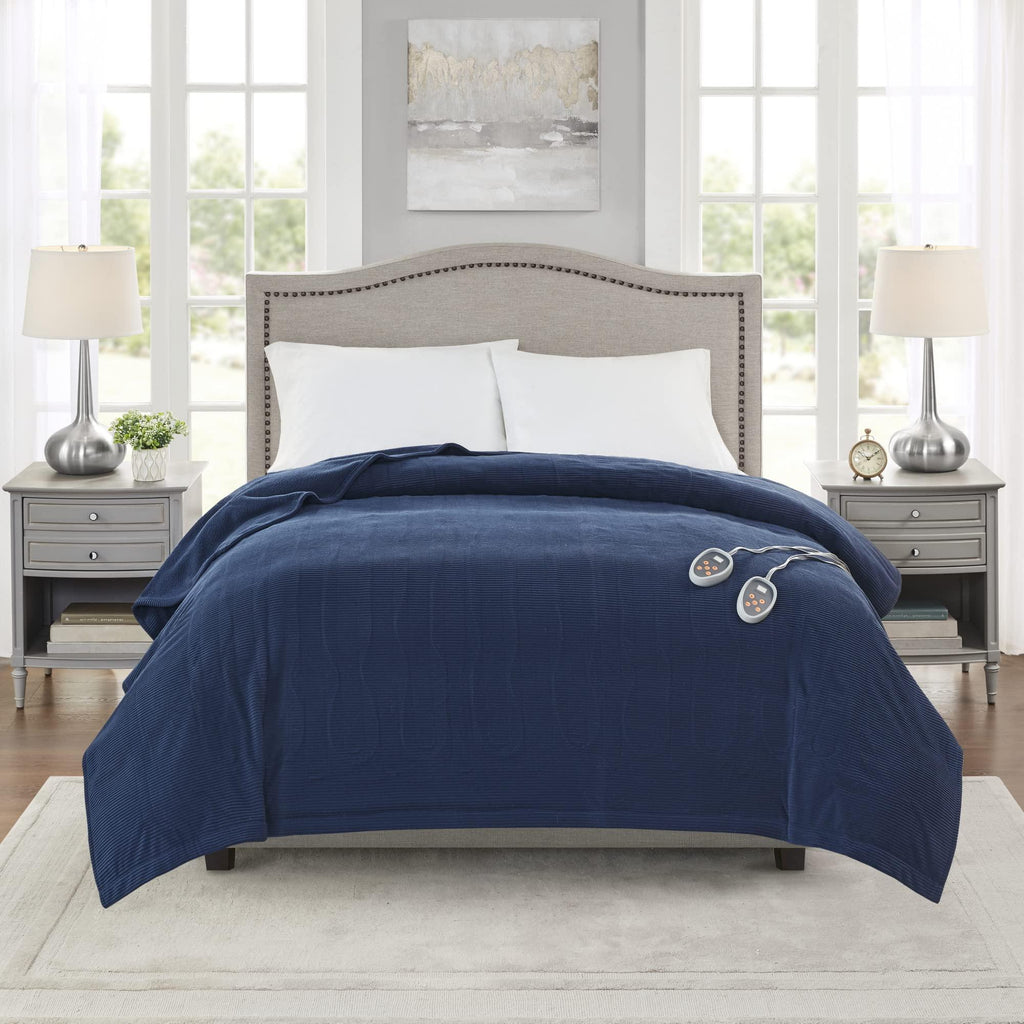 Gracie Mills Electric Blanket Luxurious Micro Fleece Ultra Soft Ribbed Textured,Fast Heating, Auto Shut Off, 20 Level Heat Setting Controller, Full, Navy - BR54-3259