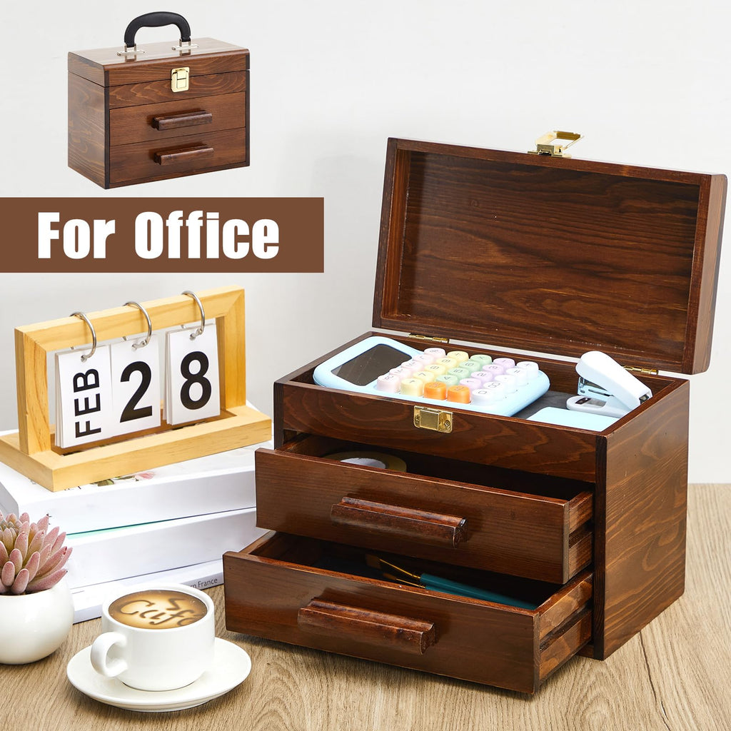 11 Inch Mini Wooden Tool Box with 2 Drawers and Top Storage, Portable Small Tool Chest with PVC Liners, Mini Tools StoraBox Organizer Makeup Boxs with Metal Latch Closure