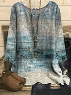 Round Neck Retro Print Loose Casual Long Sleeve Blouse