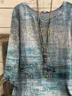 Round Neck Retro Print Loose Casual Long Sleeve Blouse