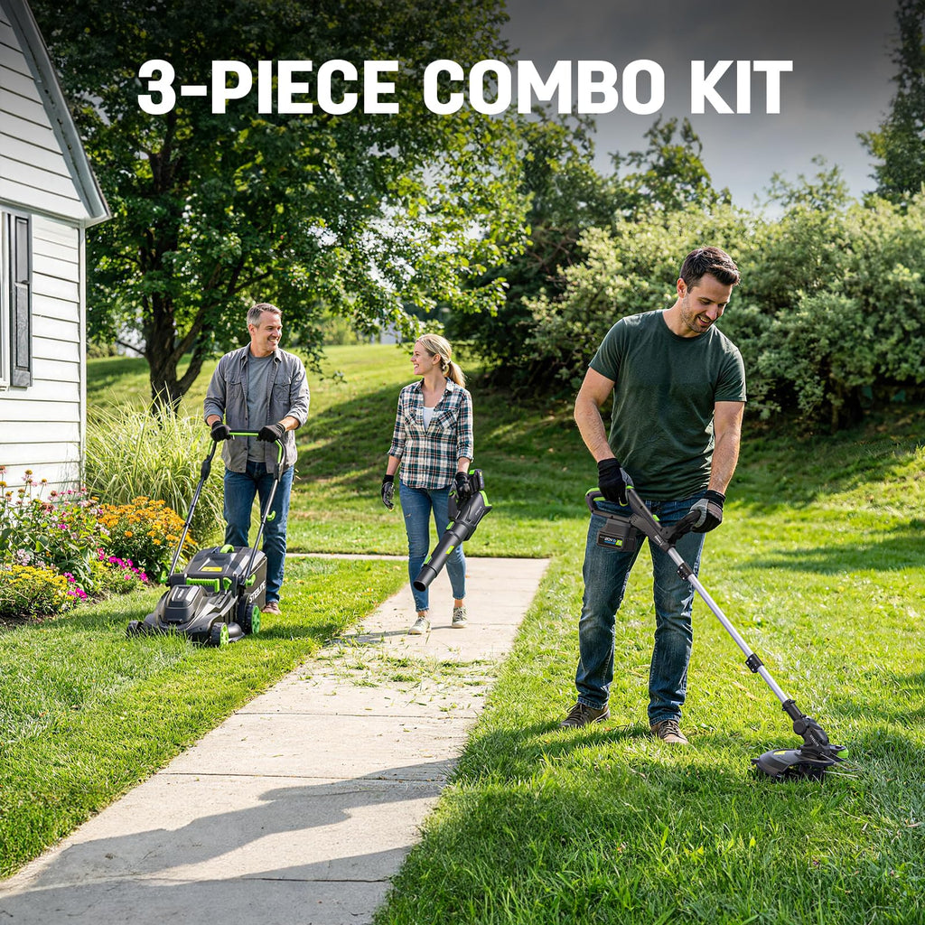 40V(2x20V) 17-inch Electric Lawn Mower, 12-Inch Cordless String Trimmer and 500CFM Leaf Blower Combo, Cordless Lawn Mower Set with 3x4.0Ah Batteries and Dual Chargers
