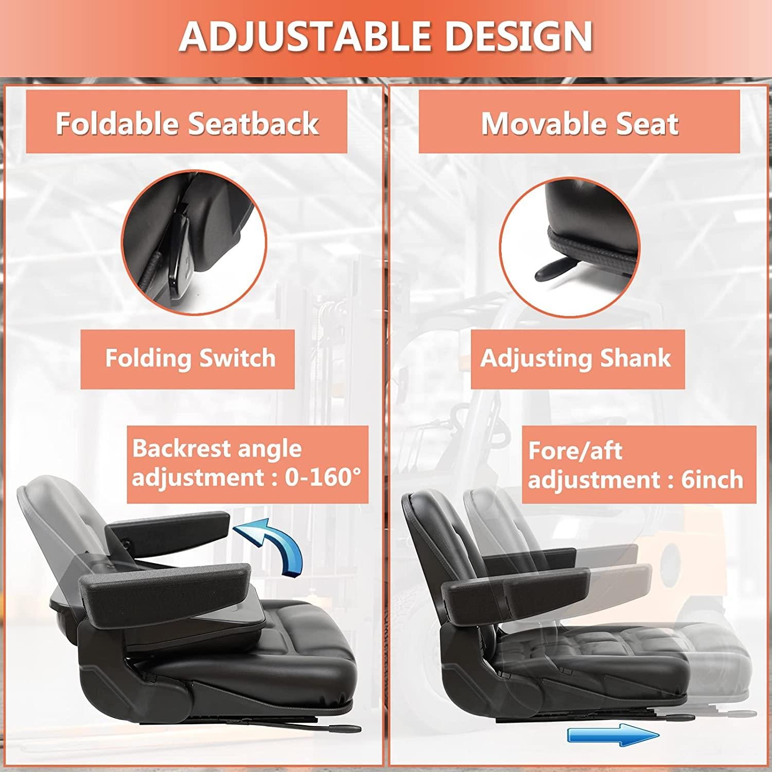 universal fold down forklift seat with adjustable angle back,armrest,micro switch and slide for tractor,excavator skid loader backhoe dozer telehandler ztr’s