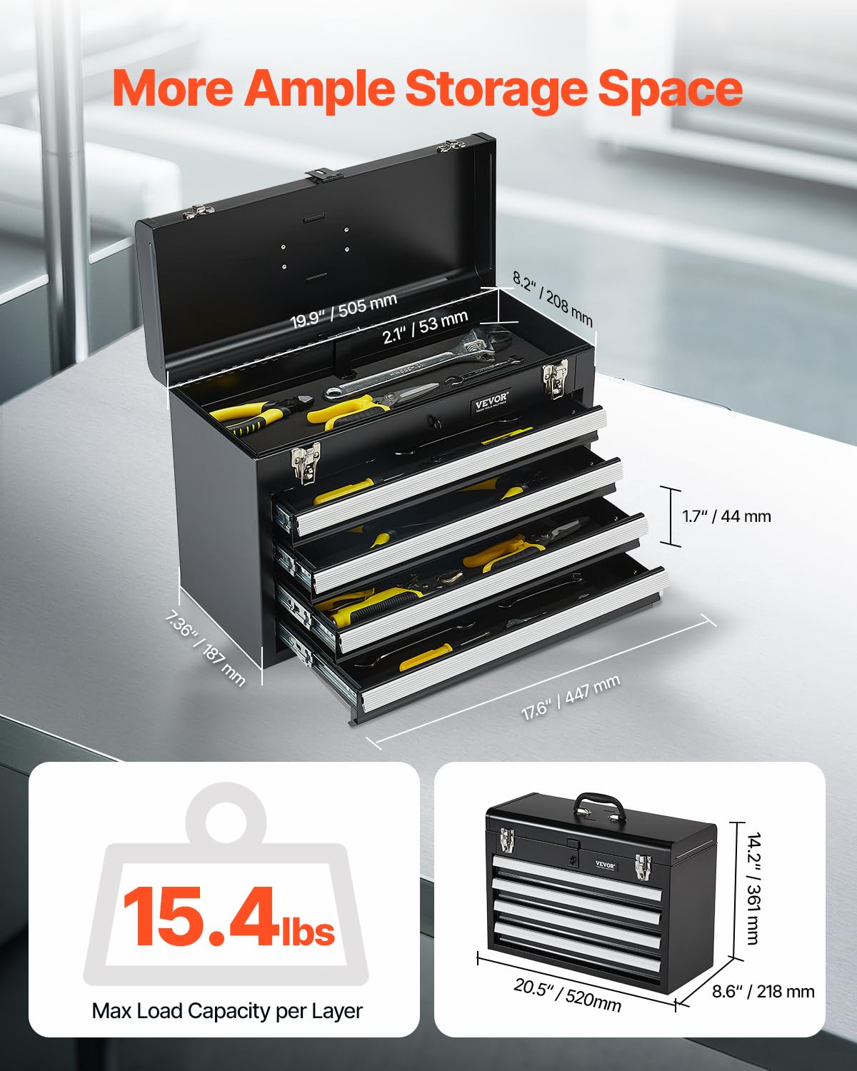 Metal Tool Box, 20.5-inch, Portable Metal Tool Box with 4 Drawers, Small Tool Chest with EVA Liners, Ball Bearing Slide Drawers Loc& Powder Coated Finish, Multi-Function Tool Organizer