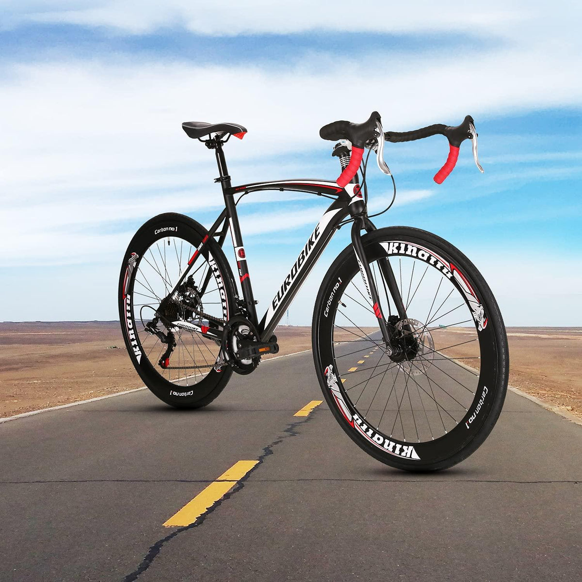 Eurobike Road Bike XC550 21 Speed 54 cm Frame 700C Wheels Road Bicycle Dual Disc Brake Bicycle Black-White 60
