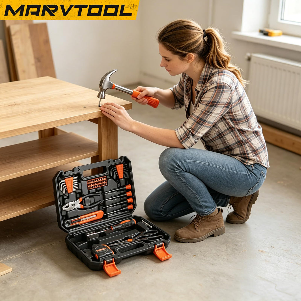 57 Piece Basic Tool Set, Home Repair Hand Tool Kit, General Household Tool Box, Portable Toolbox with StoraCase for Homeowner, DIY, Handyman, Women, Men