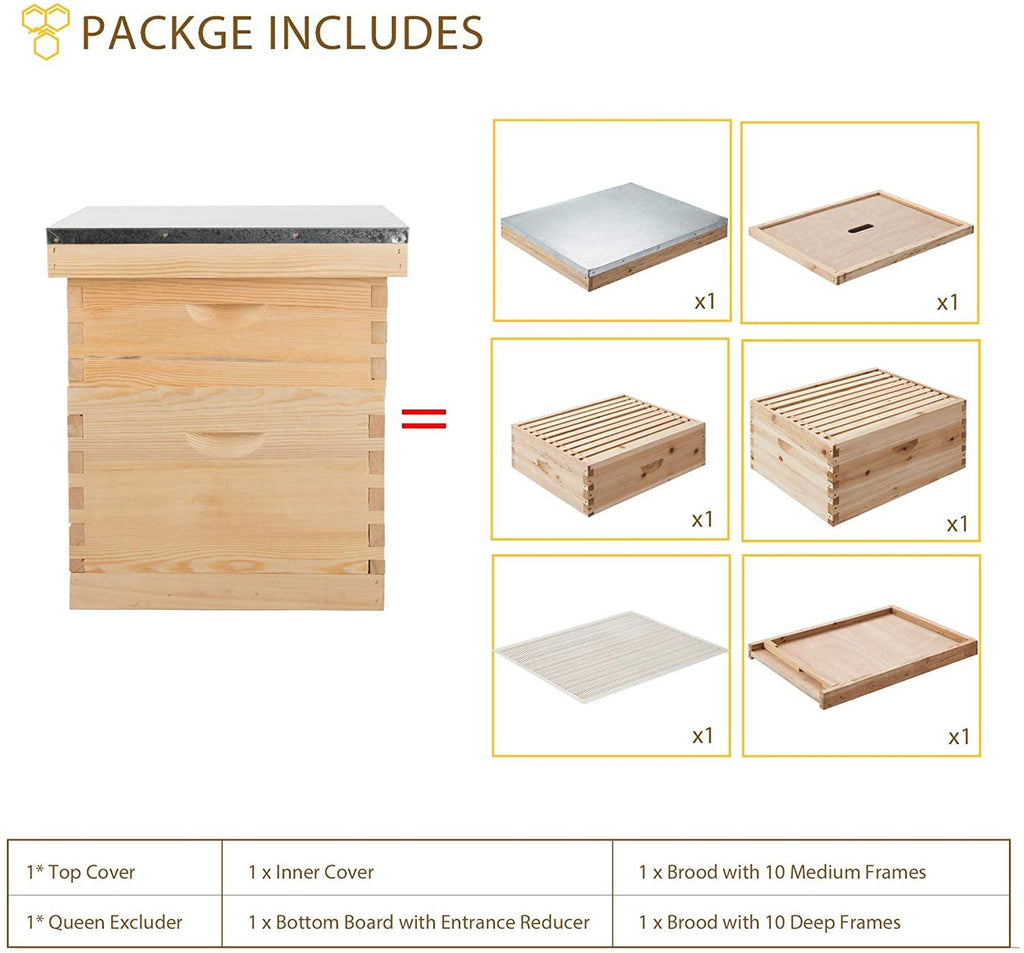 terradise bee hive, 2 layer honey bee hives, beekeeping supplies beehive kit with 10 medium 10 deep honeycomb foundation frames, bee house bee boxes for starter, wood complete honey beehives kit