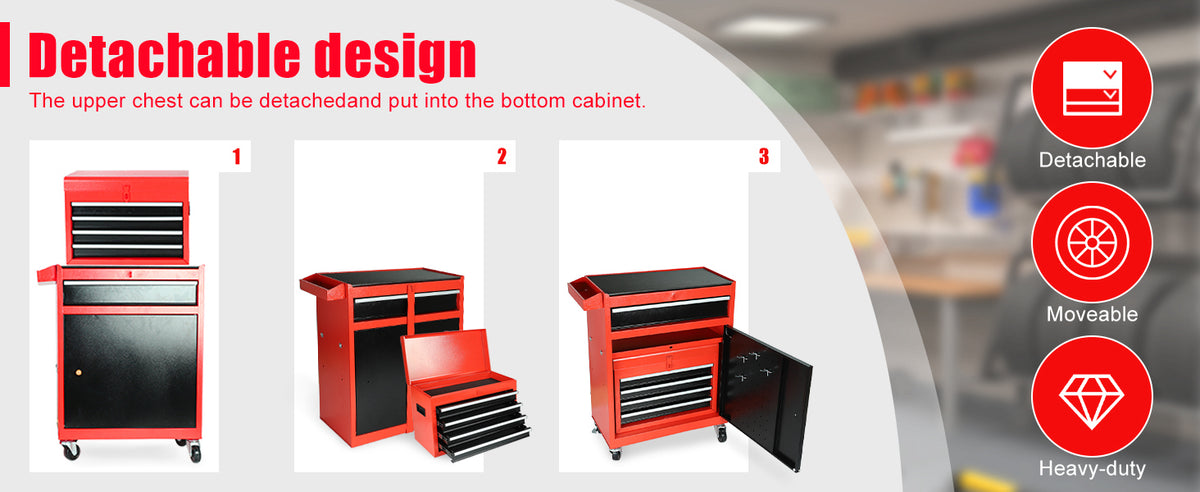 5-Drawer Rolling Tool Chest, 2 in 1 Tool StoraCabinet with Detachable Top, Steel Tool Box with Wheels, Red and Black, Lockable, for GaraWorkshop