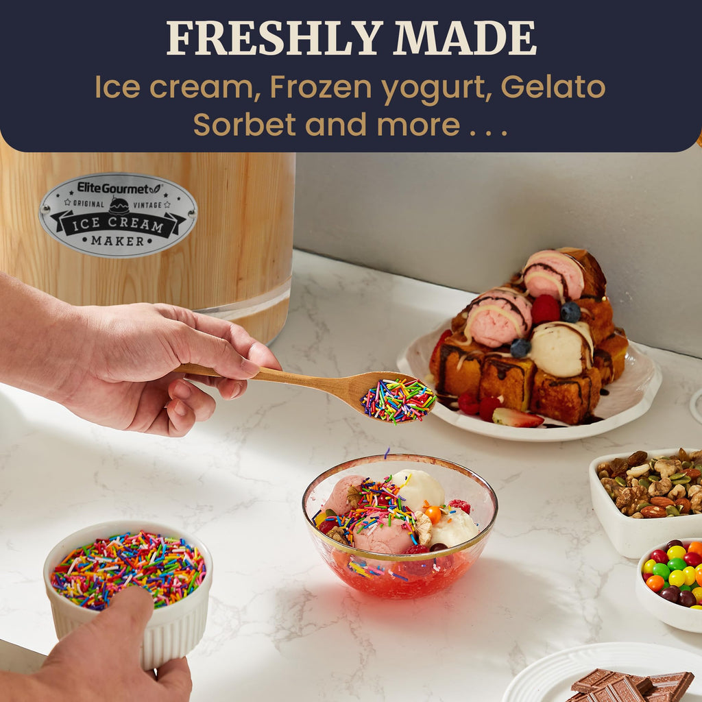 EIM402 Old Fashioned 4 Quart  Bucket Electric Ice Cream Maker Machine, Bonus Classic Die-Cast Hand Crank for Churning, Uses Ice and Rock Salt Churns Ice Cream in Minutes