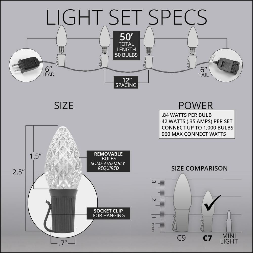 OptiCore 49 ft. 50-Light LED Green and Cool White Faceted C7 String Light Set
