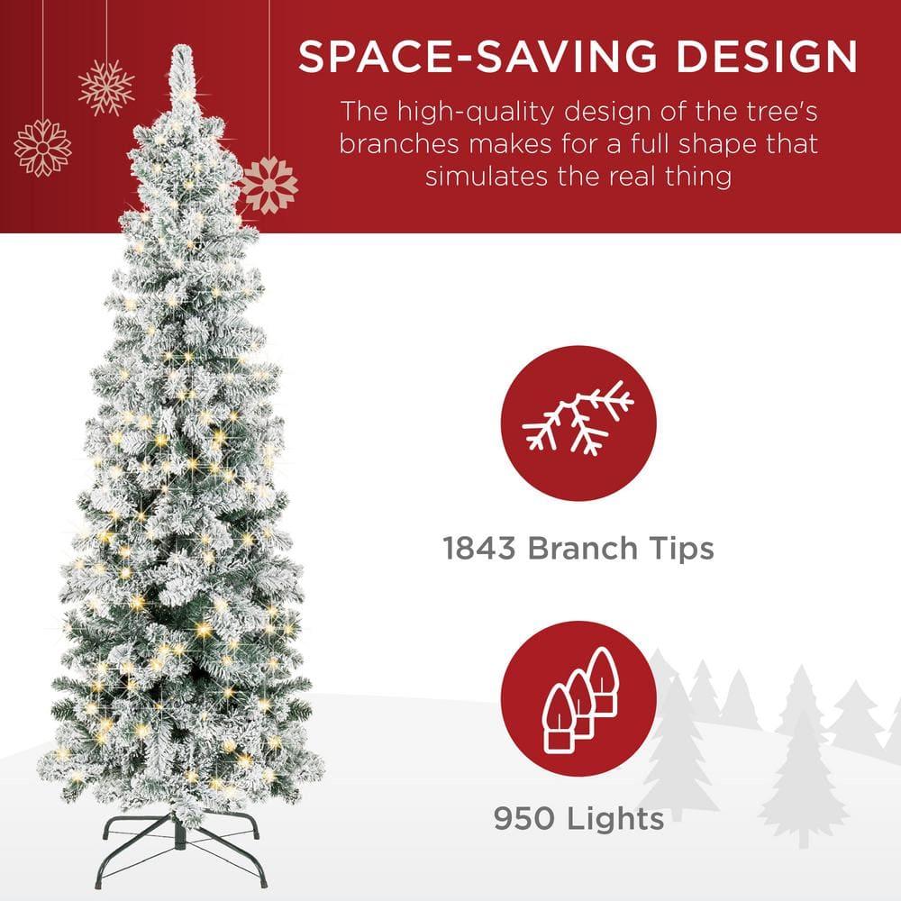 12 ft. Pre-Lit Incandescent Snow Flocked Pencil Artificial Christmas Tree with 950 Clear Lights