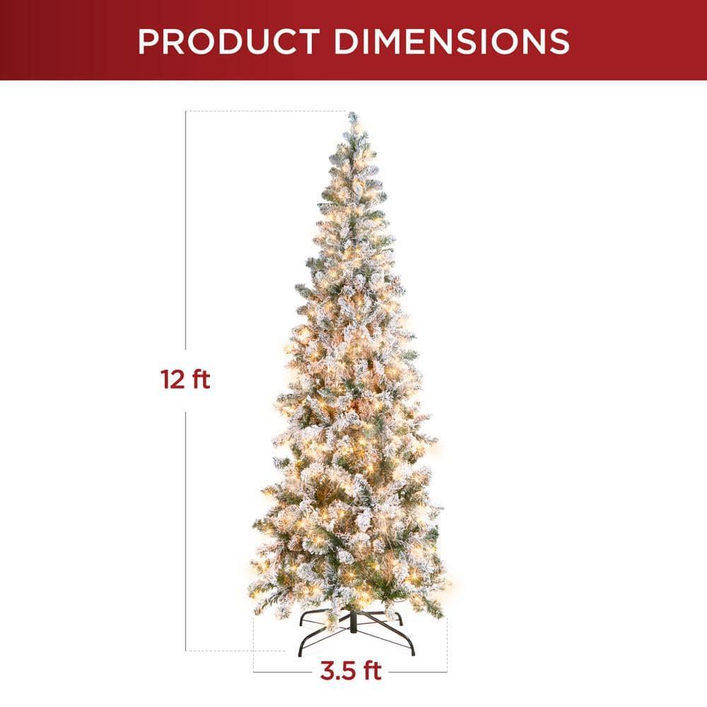 12 ft. Pre-Lit Incandescent Snow Flocked Pencil Artificial Christmas Tree with 950 Clear Lights