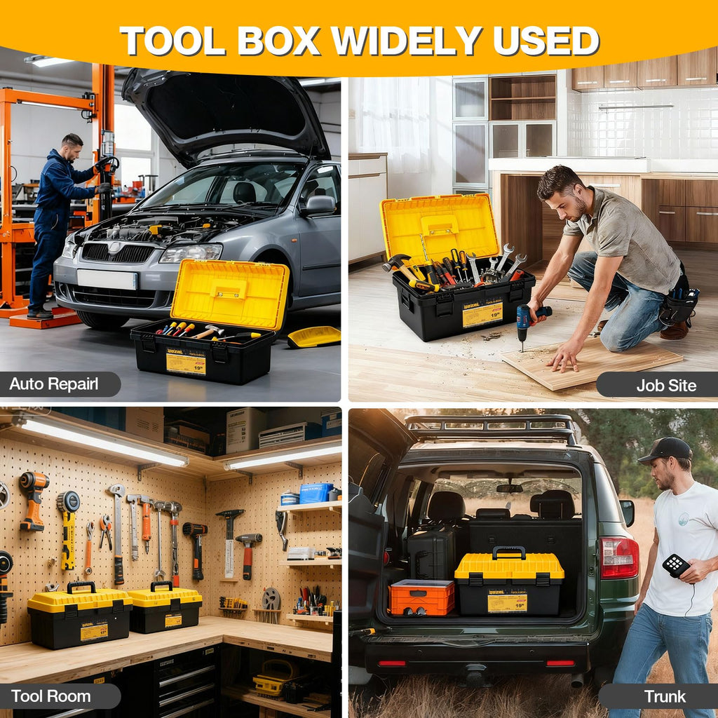 4 Pack Heavy Duty Plastic Tool Box Set, Stackable Portable Boxes, 13-19" | Removable Trays, Nesting, Adjustable Dividers, 50 lb Capacity, Modular Storage, Stackable, Garage, Workshop, Jobsite, Home