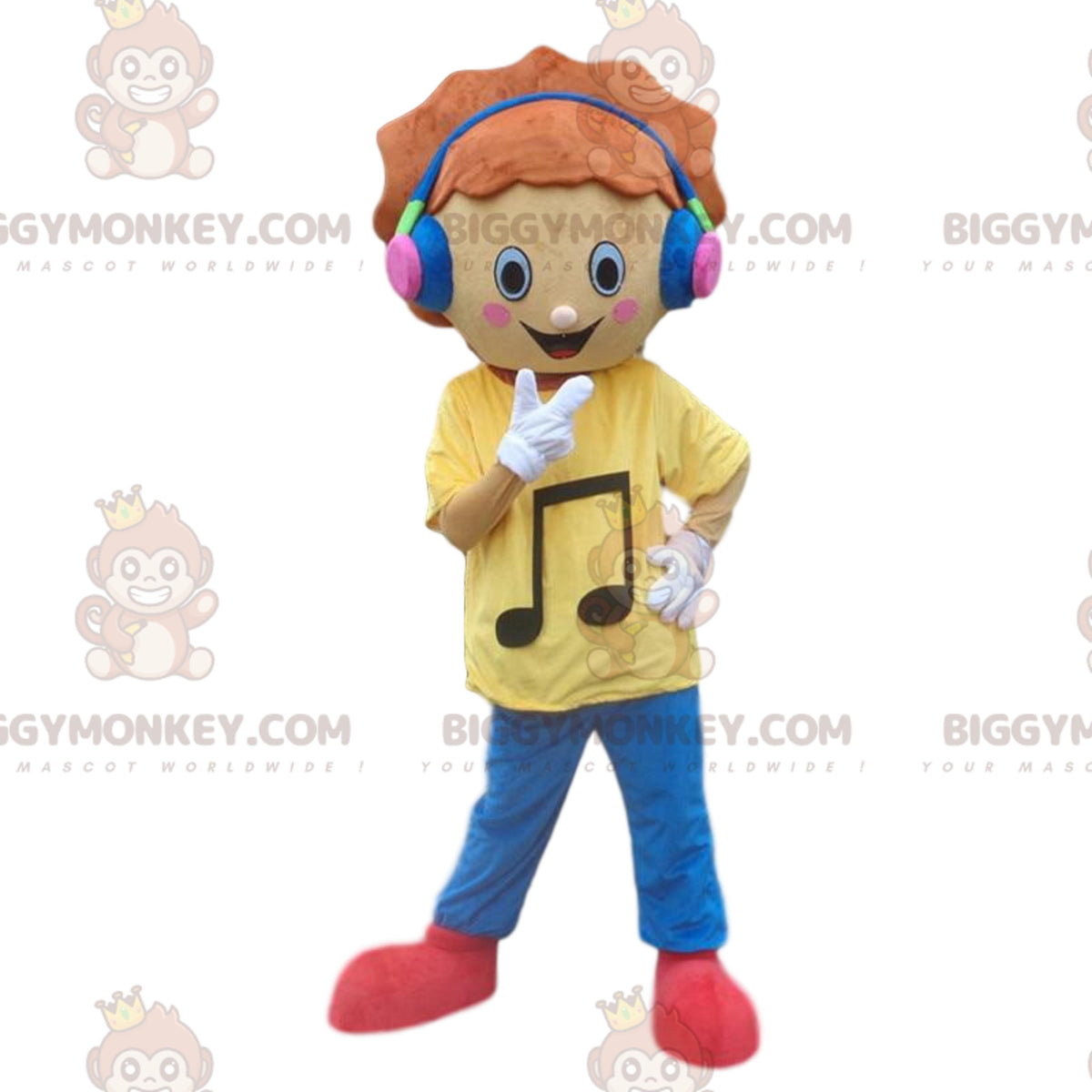 Young boy BIGGYMONKEYmascot costume with headphones. music costume