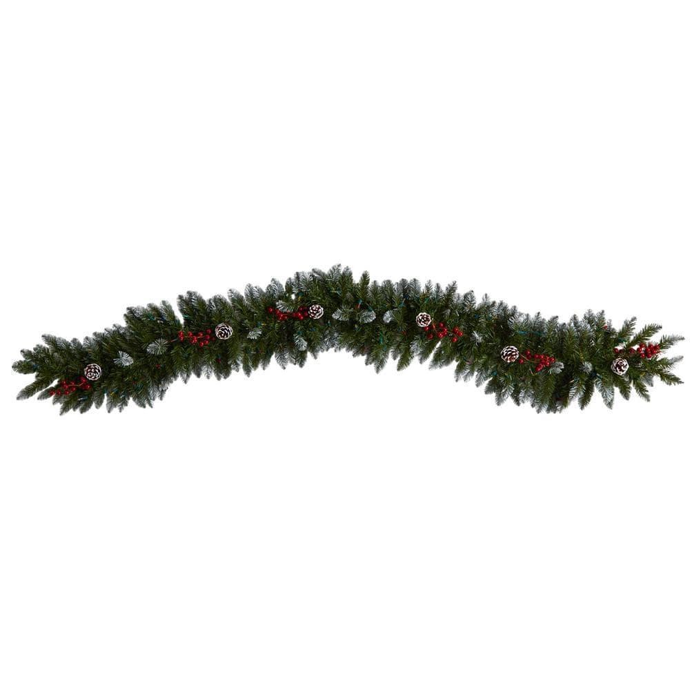6 ft. Pre-Lit LED Snow Tipped Extra-Wide Artificial Christmas Garland with Pinecones, Berries and 100 Multi-Color Lights